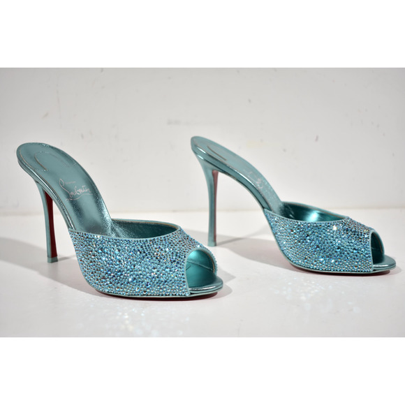 Christian Louboutin Me Dolly Strass 100 Blue Backless Sandal Mule Heel Pump 40 - Picture 4 of 12
